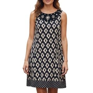 Jessica Howard Shift Dress Women 10 Black Tan‎ Excellent Embellished Ikat Mod